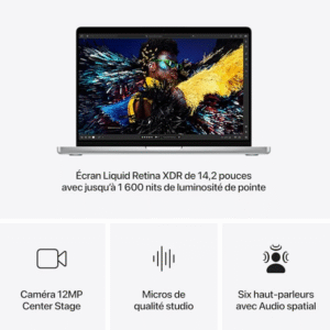 Apple MacBook Pro Ordinateur Portable avec Puce M4, CPU et GPU 10 cœurs : Conçu pour Apple Intelligence, écran Liquid Retina XDR 14,2″, 16Go de mémoire unifiée, 512 Go de Stockage SSD; Argent