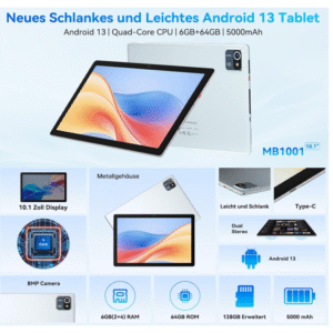 10 Pouces Tablette Android 13 Tablettes 6 Go RAM + 64 Go ROM Quad-Core 5000 mAh 1280 x 800 Écran Tactile HD 5MP + 8MP Caméra HD Bluetooth 5.2 Tablette PC (Argent)