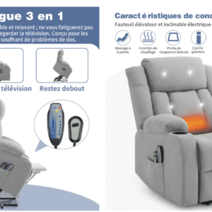 Fauteuil releveur Fauteuil de Relaxation électrique massant inclinable et Chauffage, 74x88x103 cm Gris
