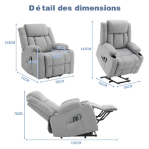 Fauteuil releveur Fauteuil de Relaxation électrique massant inclinable et Chauffage, 74x88x103 cm Gris