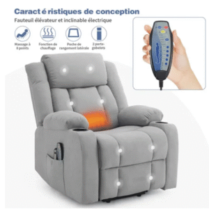 Fauteuil releveur Fauteuil de Relaxation électrique massant inclinable et Chauffage, 74x88x103 cm Gris
