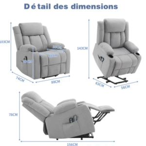 Fauteuil releveur Fauteuil de Relaxation électrique massant inclinable et Chauffage, 74x88x103 cm Gris