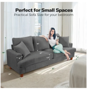 Grand Canapé 3 Places en Velours Côtelé Gris,Canapé Scandinave avec 3 coussins et 2 oreillers pour le salon,220×76×84c