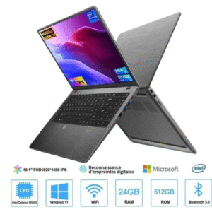 PC portable - 16.1"FHD+ - 24 Go de RAM 512 Go SSD Intel Celeron N5095(2,0 GHz) - Windows 11 PRO - Rotation 170°- Ordinateur